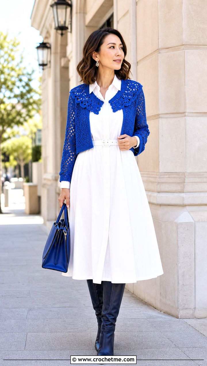 Collar Crochet Lace Shrug With Shirt Dress - 35 crochet lace shrug outfit ideas