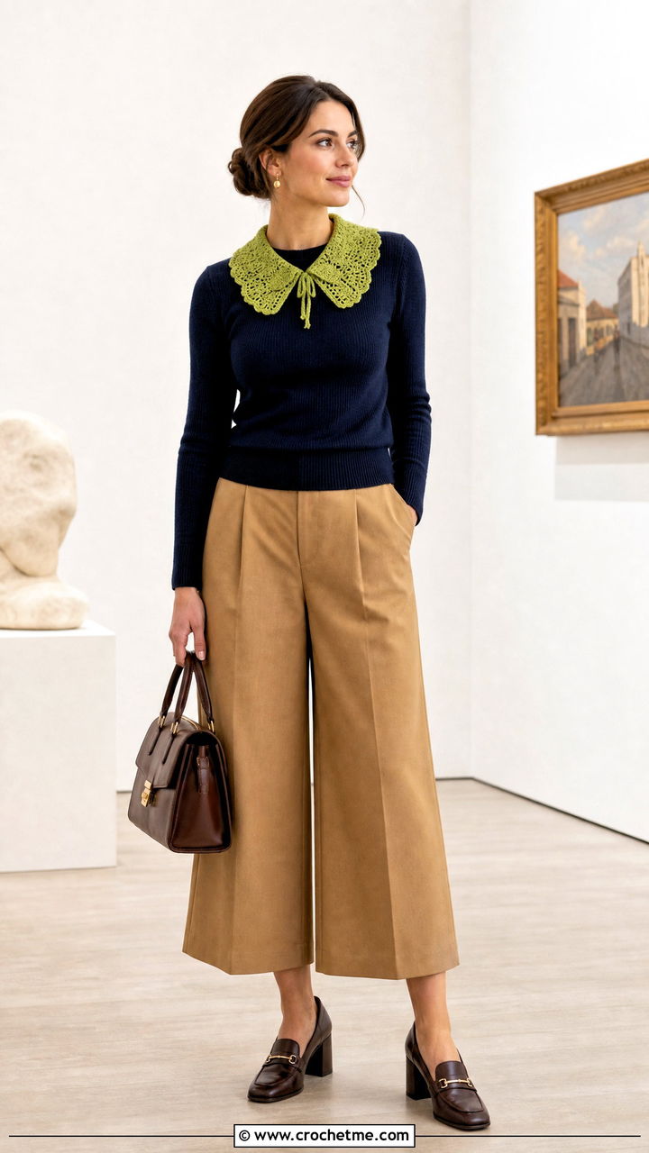 Collar Crochet Scarf With Crewneck Sweater and Culottes - 35 easy one skein crochet scarf outfit ideas
