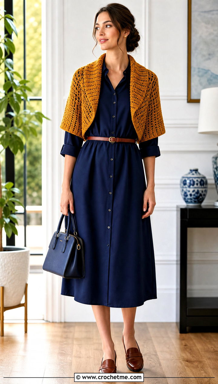 Collar Crochet Wrap Shrug With Shirt Dress - 35 crochet wrap with sleeves outfit ideas