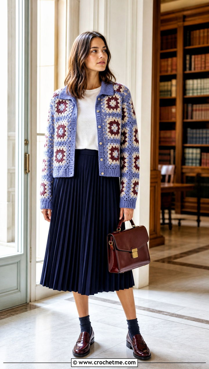 Collar Granny Square Cardigan With Preppy Skirt - 30 granny squares cardigan outfit ideas