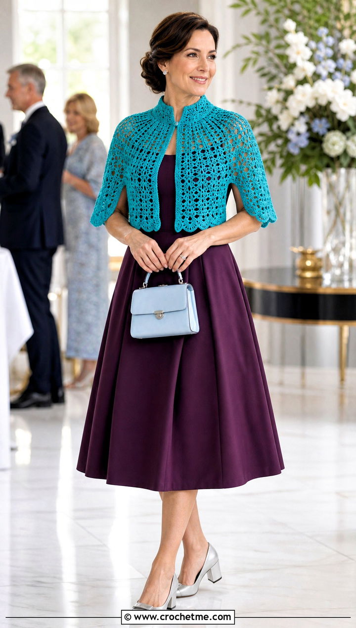 Collar Neck Crochet Shawl With Arm Holes And A Line Dress - 30 crochet shawl with arm holes outfit ideas