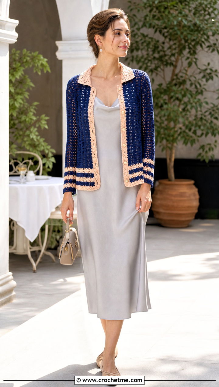 Collar Stripe Crochet Cardigan With Slip Dress - 35 crochet striped cardigan outfit ideas