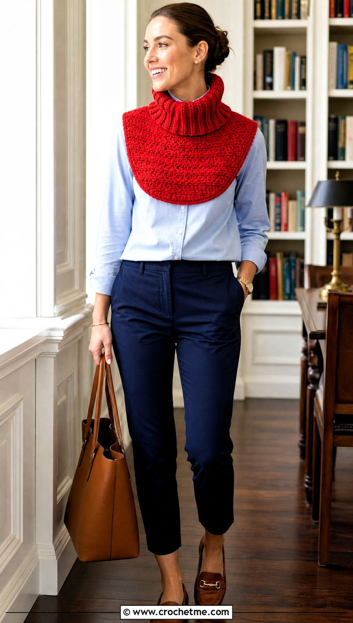Collar Style Crochet Turtleneck Cowl With Button Down Shirt - 25 Crochet Turtleneck Cowl outfit ideas