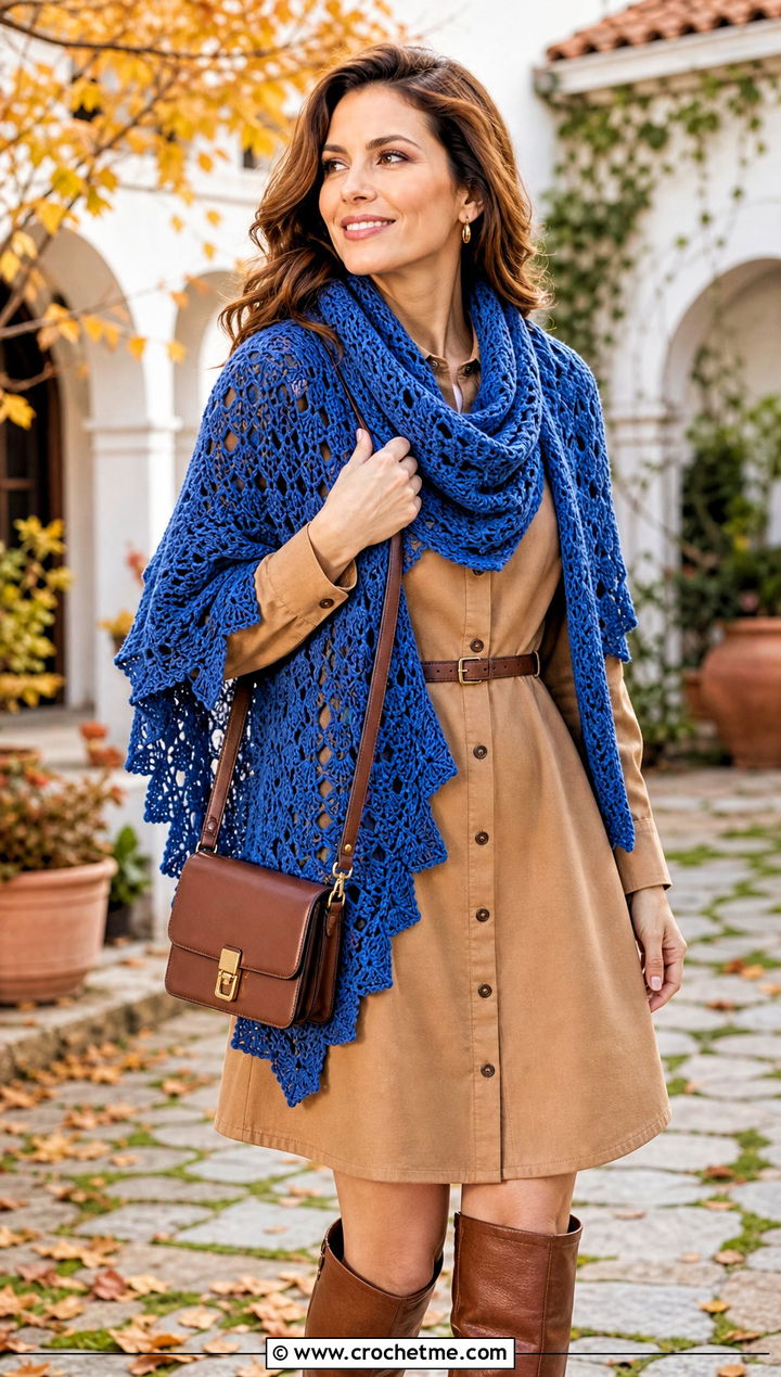 Collar Wrapped Fall River Crochet Shawl With a Shirt Dress - 25 Fall River Crochet Shawl outfit ideas