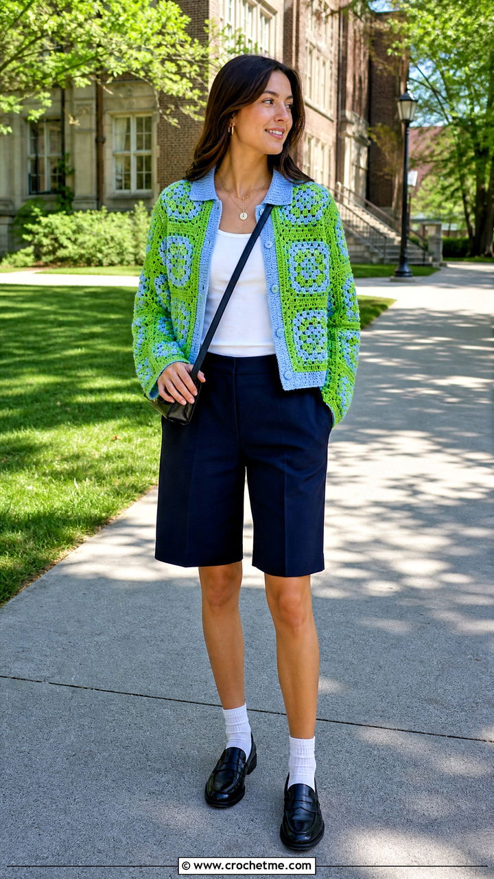 Collared Big Granny Square Cardigan With Tailored Shorts - 35 Big Granny Square Cardigan outfit ideas
