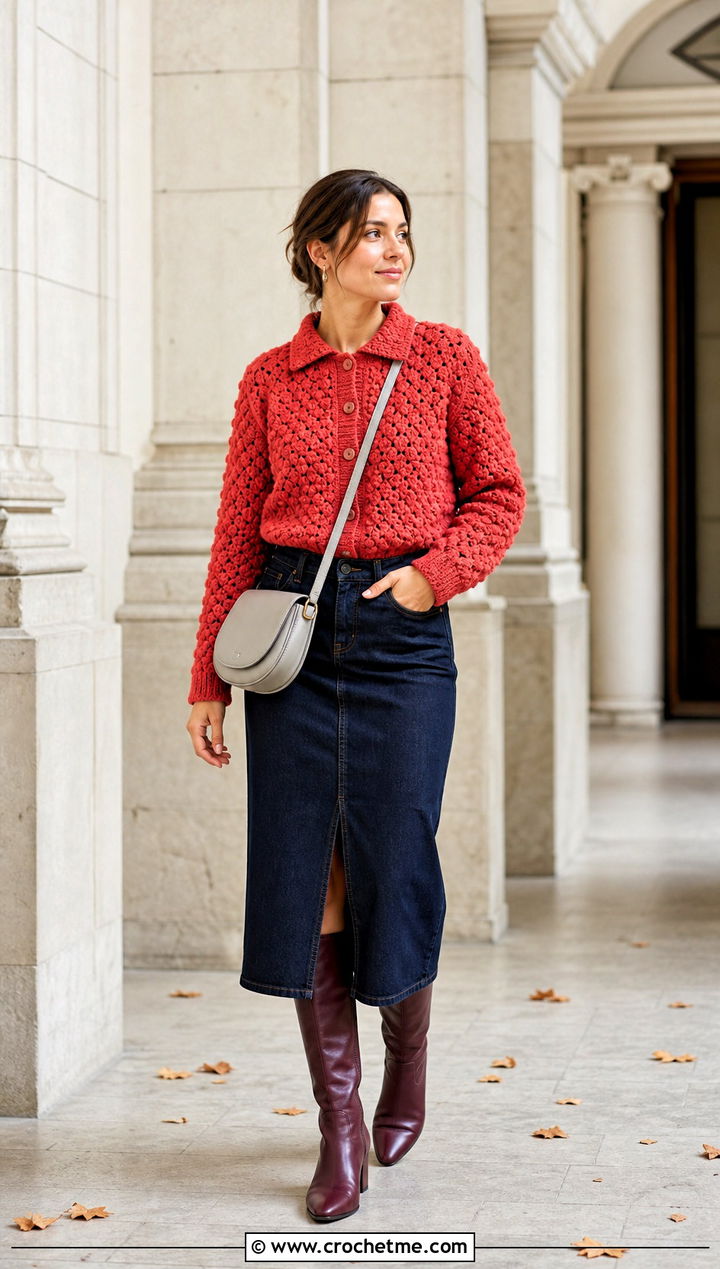 Collared Bobble Cardigan With Denim Midi Skirt - 25 Crochet Bobble Cardigan outfit ideas