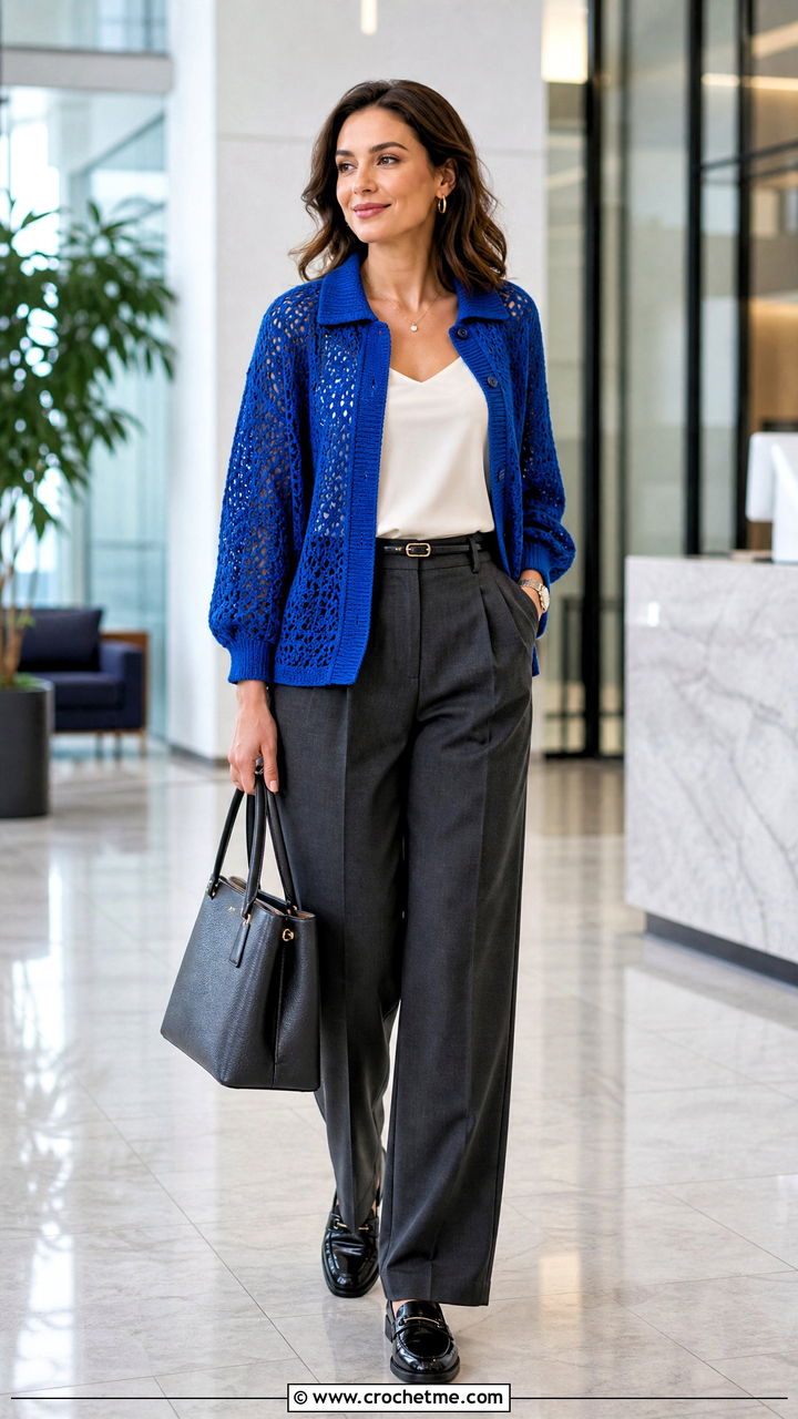 Collared Boho Crochet Cardigan With Pleated Trousers - 35 Boho Crochet Cardigan outfit ideas