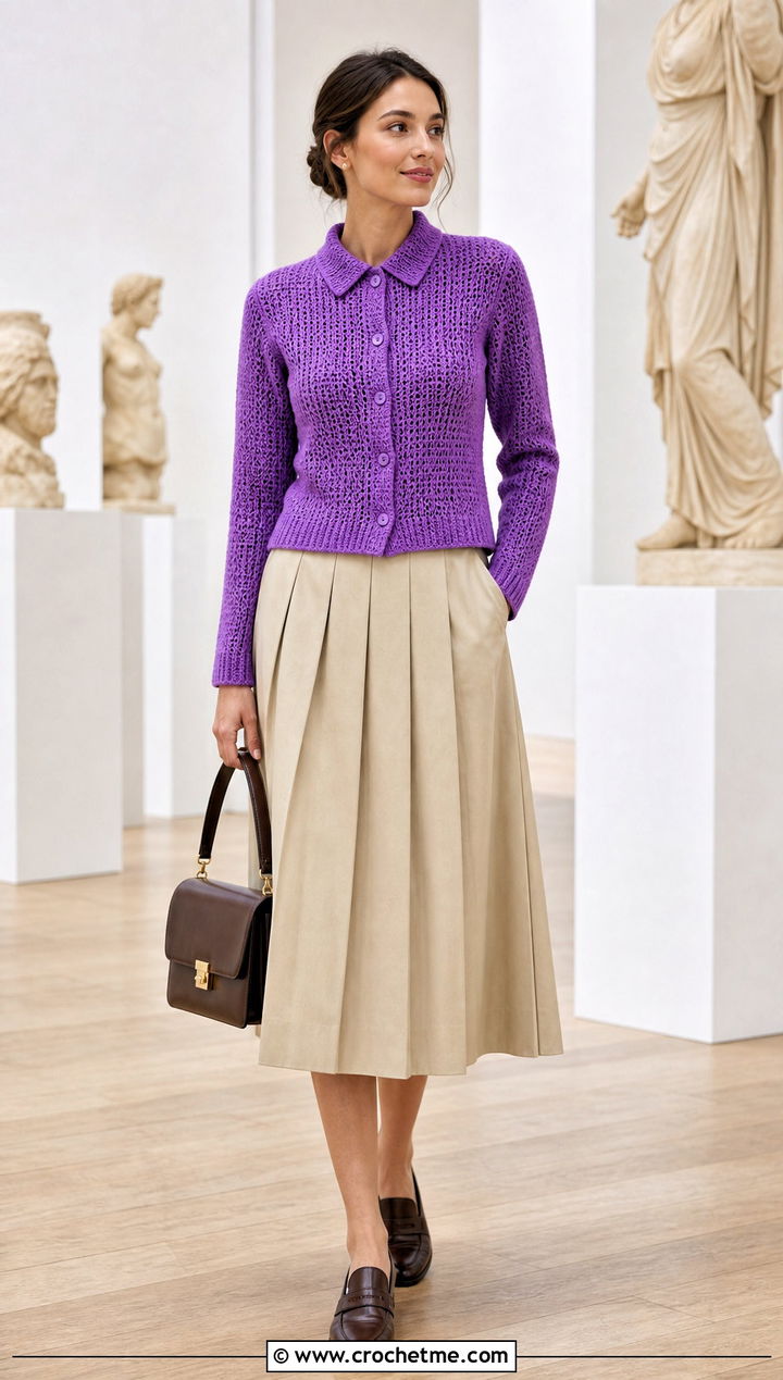 Collared Button Crochet Cardigan With Pleated Midi Skirt - 15 crochet cardigan with button closure outfit ideas