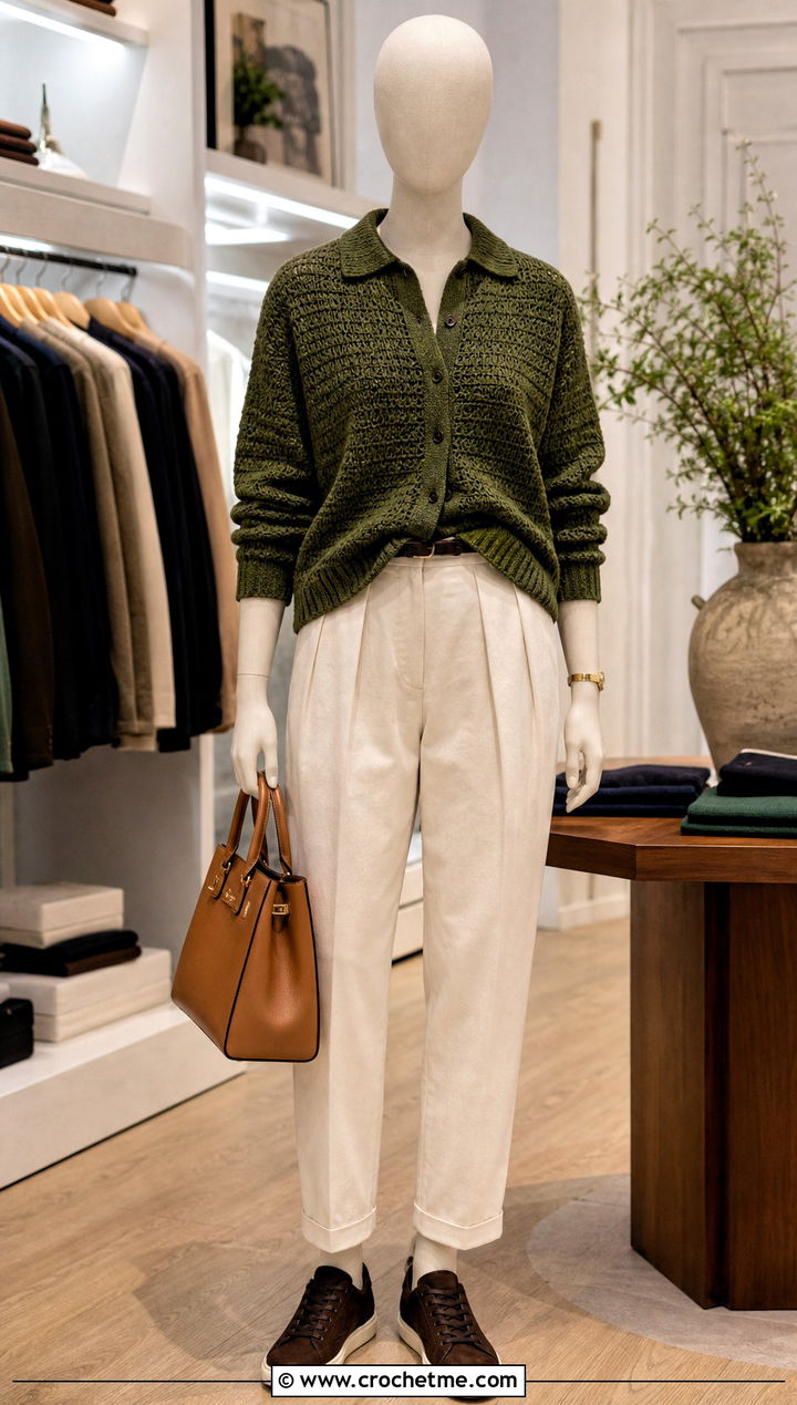 Collared Button Front Crochet Cardigan With Pleated Chinos - 15 Crochet Cardigan On Mannequin outfit ideas