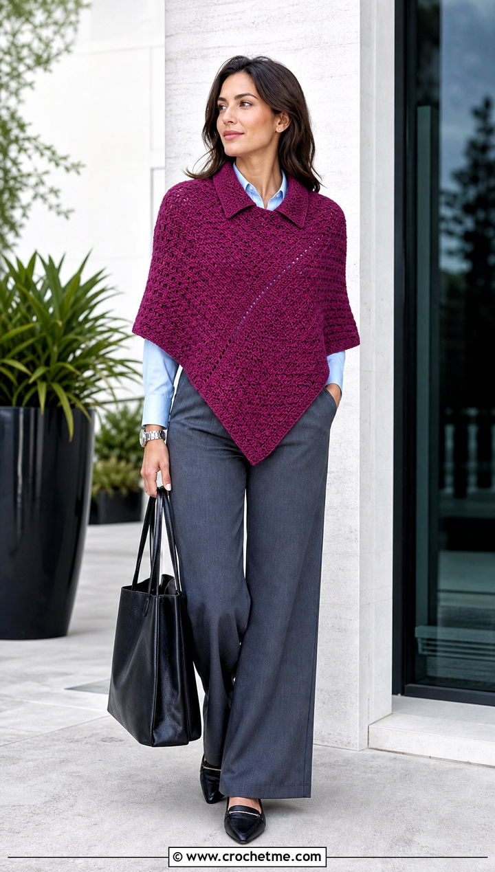 Collared C C Poncho With Wide Leg Trousers - 15 Crochet C2C Poncho outfit ideas