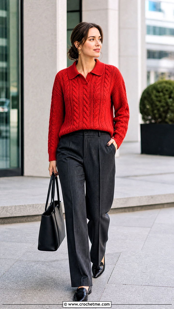 Collared Cable Sweater With Pinstripe Pants - 35 crochet cable sweater outfit ideas