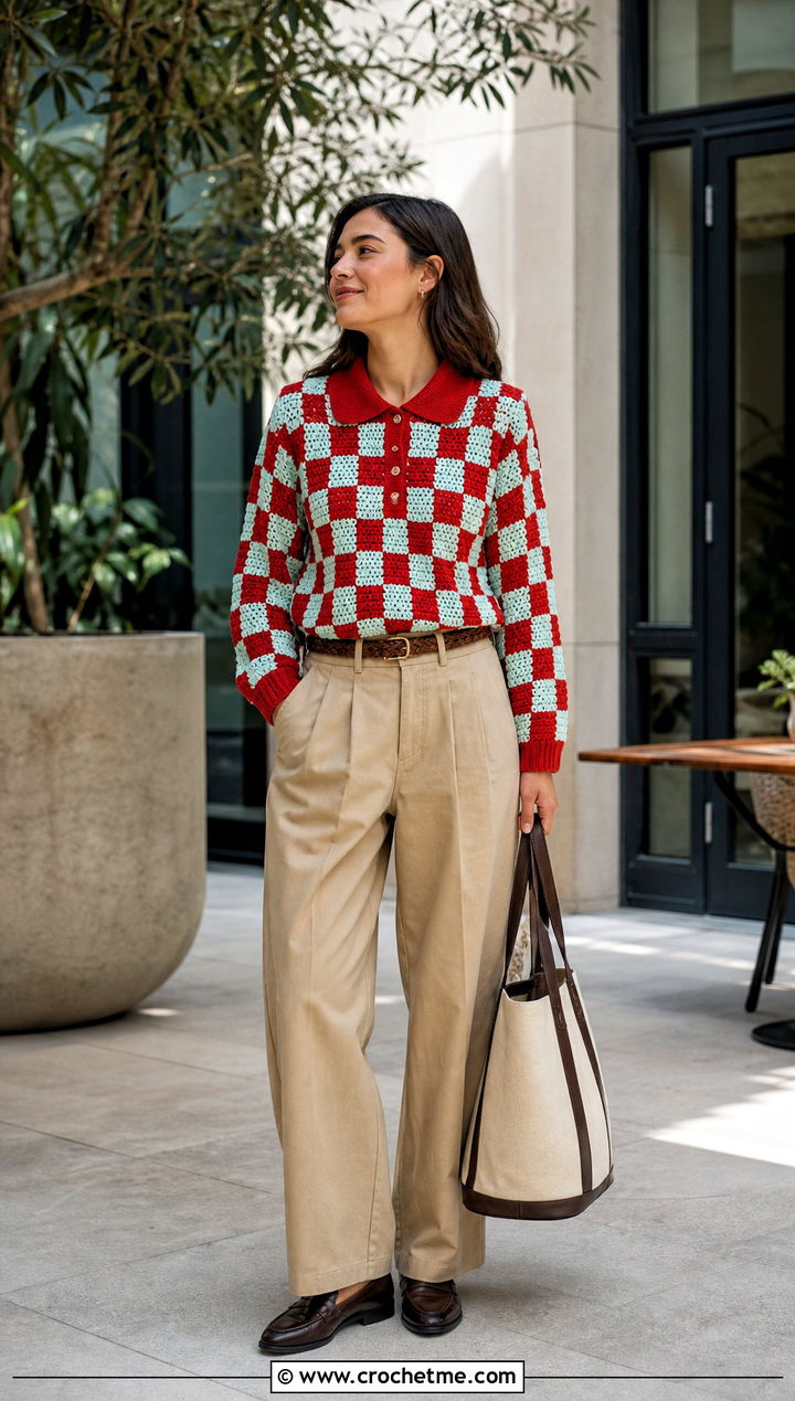 Collared Checkered Crochet Sweater With Chinos - 30 checkered crochet sweater outfit ideas