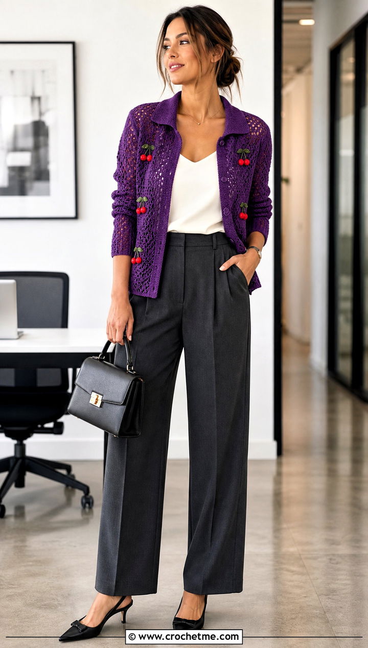 Collared Cherry Mesh Cardigan With Tailored Trousers - 30 cherry crochet cardigan outfit ideas