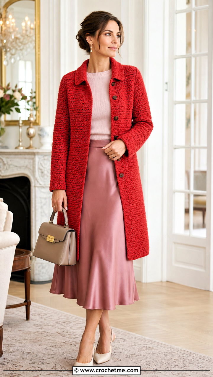 Collared Chunky Crochet Coat With Satin Midi Skirt - 25 Chunky Crochet Coat outfit ideas