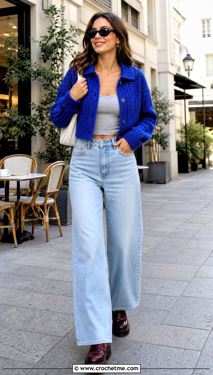 Collared Chunky Crochet Crop Cardigan With Wide Leg Jeans - 25 Chunky Crochet Crop Cardigan outfit ideas