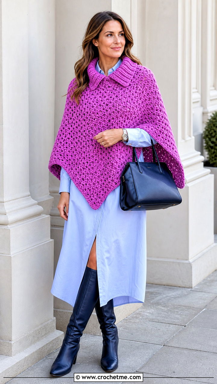 Collared Chunky Crochet Poncho With Shirt Dress - 25 Chunky Yarn Crochet Poncho outfit ideas