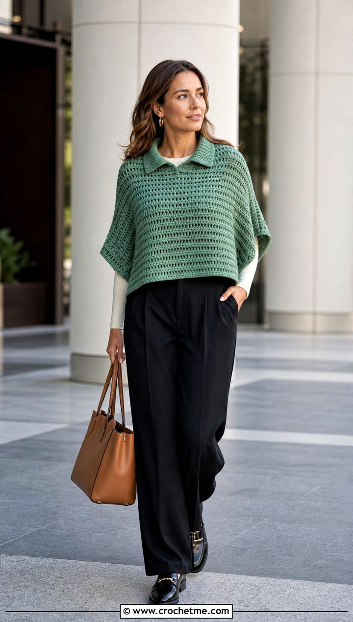 Collared Chunky Crochet Poncho With Suit Trousers - 25 Chunky Crochet Poncho outfit ideas