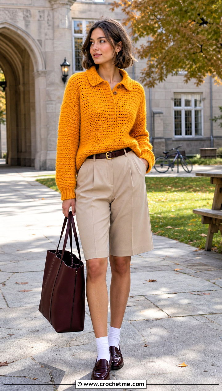 Collared Chunky Crochet Sweater With Bermuda Shorts - 25 Chunky Crochet Sweaters outfit ideas