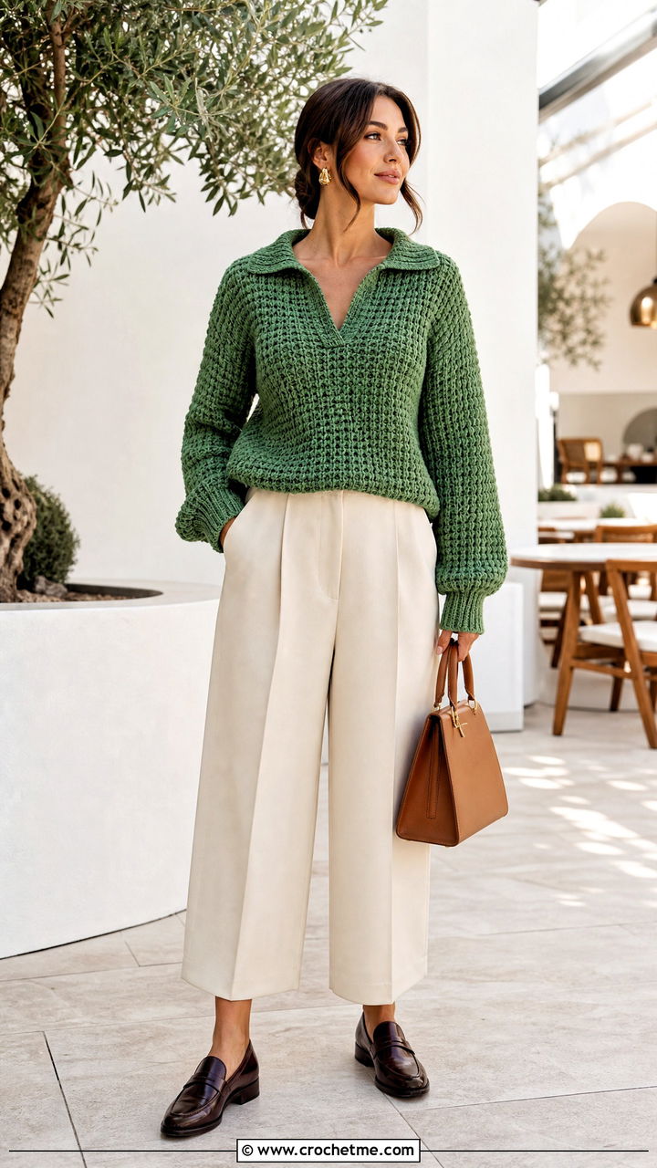 Collared Chunky Crochet Sweater With Culottes - 35 chunky crochet sweater outfit ideas