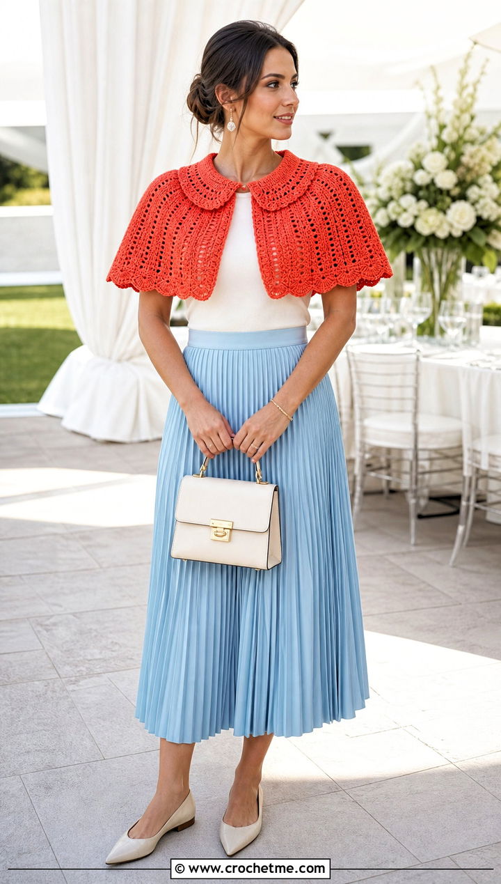Collared Circular Capelet Shawl With a Pleated Skirt - 30 crochet circular shawl outfit ideas