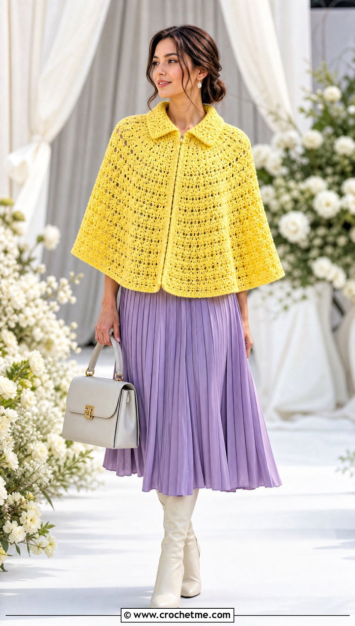 Collared Circular Poncho With Pleated Midi Dress - 25 Crochet Circular Poncho outfit ideas
