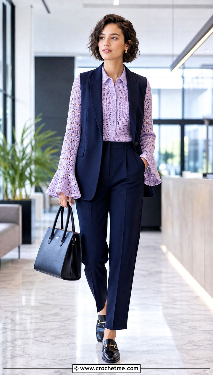 Collared Crochet Bell Sleeve Top With A Trouser Suit - 15 crochet bell sleeve top outfit ideas