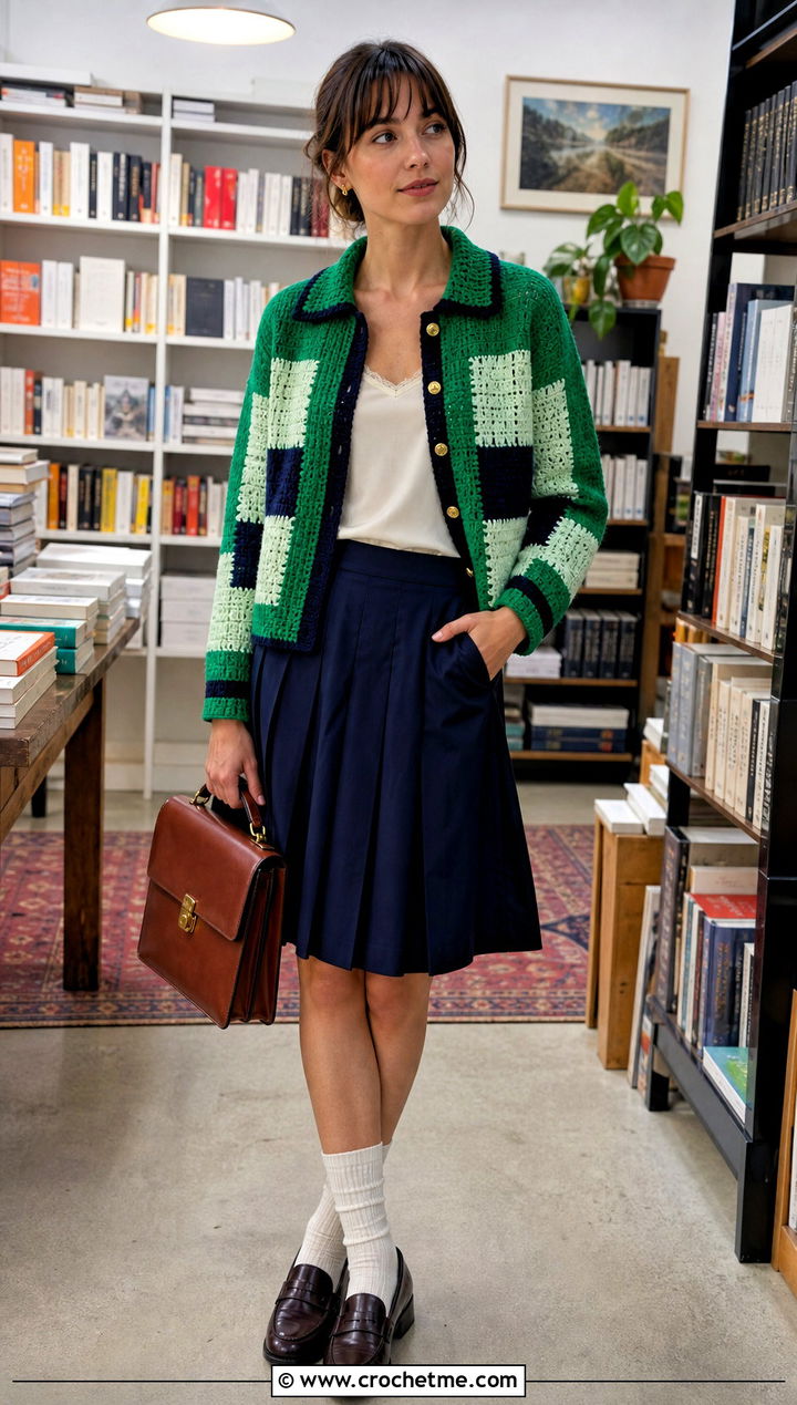 Collared Crochet Block Cardigan With Preppy Skirt - 25 crochet block cardigan outfit ideas