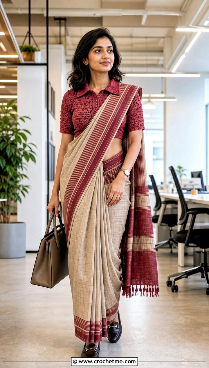 Collared Crochet Blouse With Handloom Saree - 35 Crochet Blouse For Saree outfit ideas