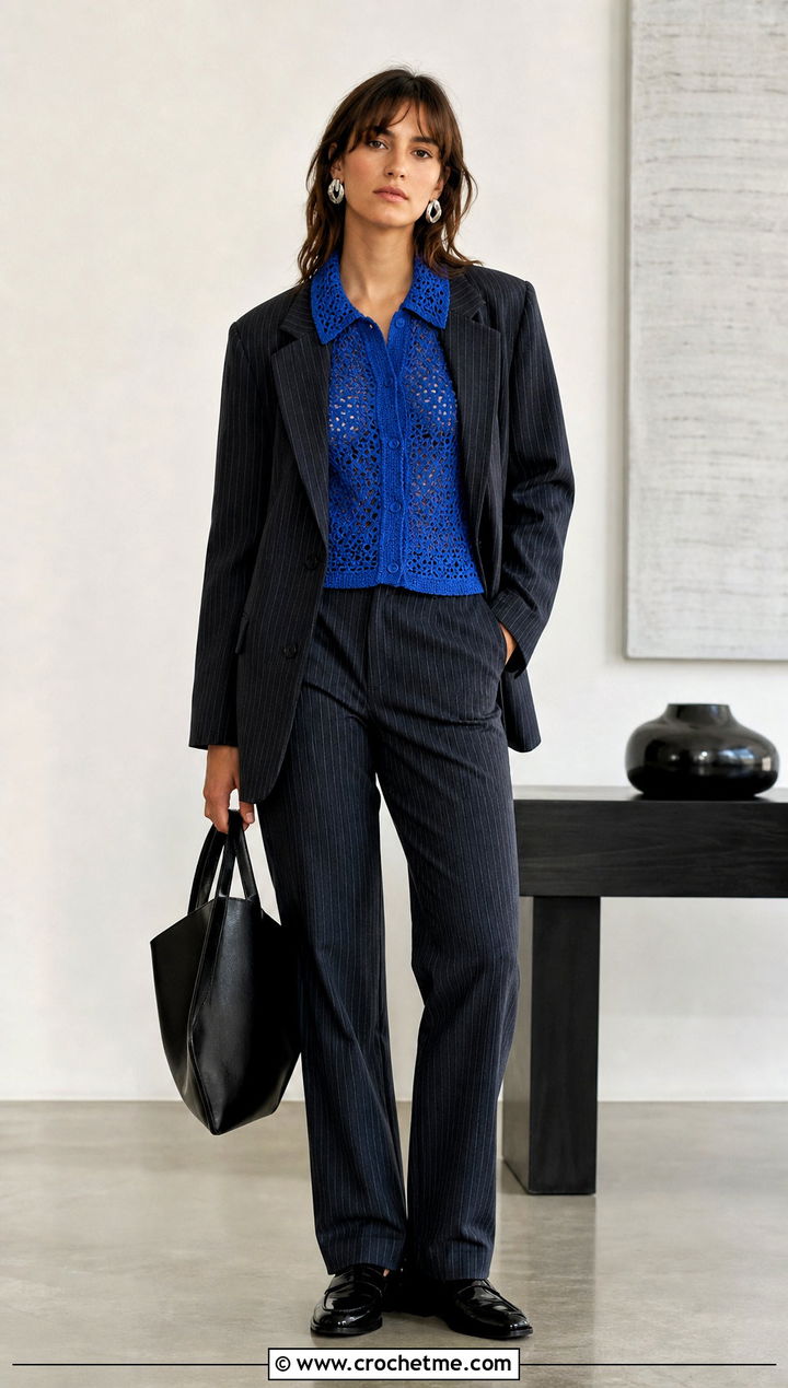 Collared Crochet Blouse With Pinstripe Suit - 15 fall crochet blouse outfit ideas