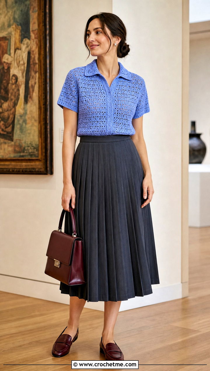 Collared Crochet Blouse With Pleated Midi Skirt - 30 diy crochet top outfit ideas