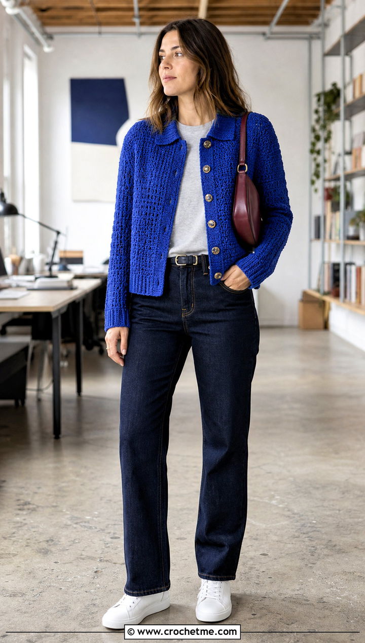 Collared Crochet Button Jacket With Straight Leg Jeans - 15 crochet sweater with button closure outfit ideas
