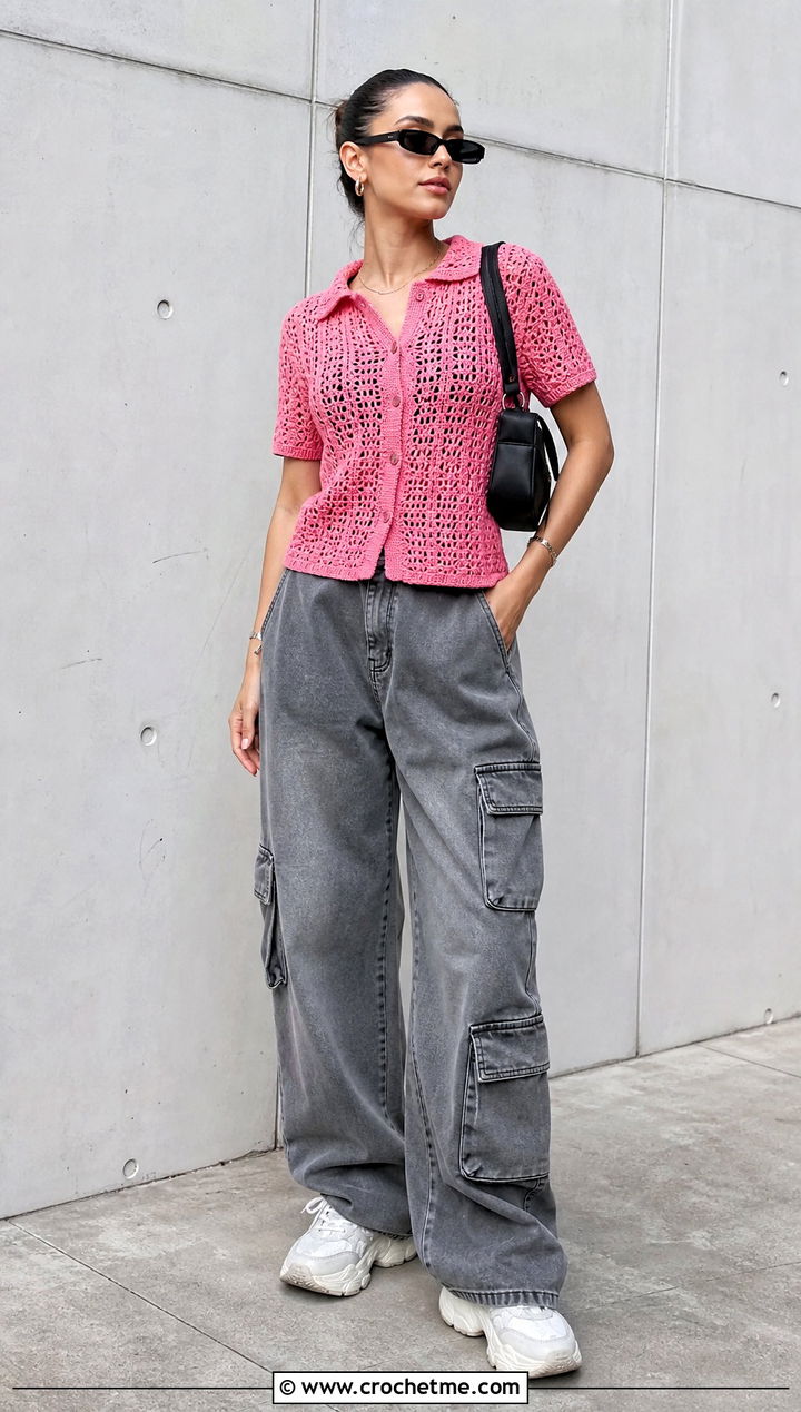 Collared Crochet Button Top With Cargo Jeans - 35 Crochet Top Festival Outfit ideas