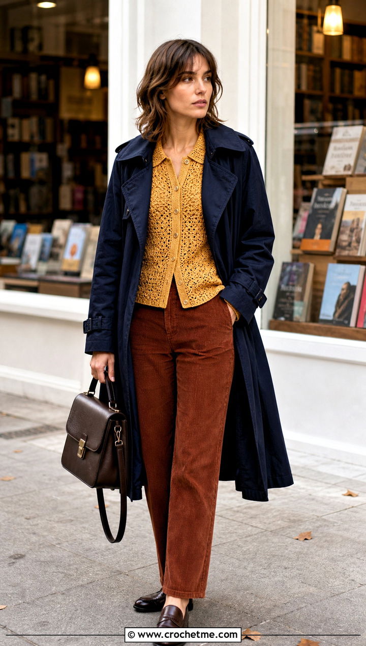 Collared Crochet Button Top With Corduroy Pants - 30 crochet fall tops outfit ideas