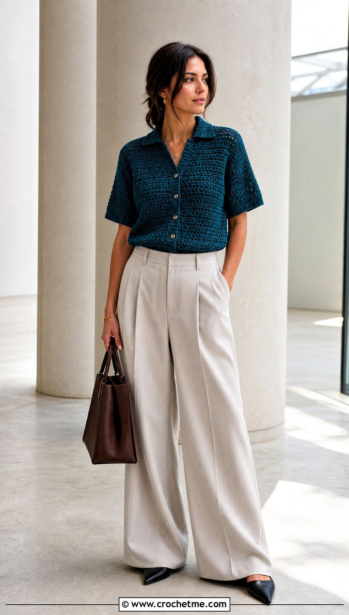 Collared Crochet Button Top With Tailored Trousers - 35 Crochet Top With Buttons outfit ideas