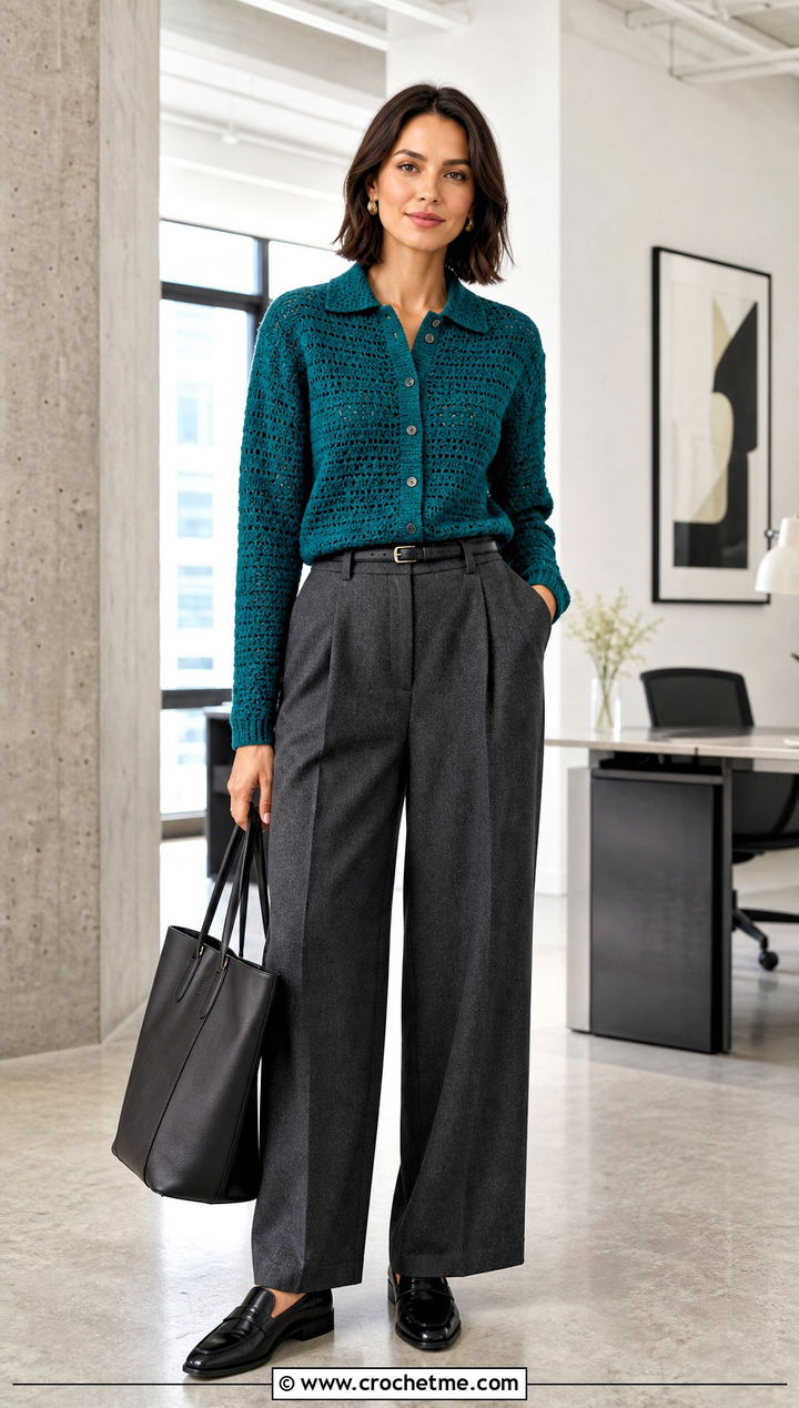 Collared Crochet Button Up Cardigan With Tailored Trousers - 25 Crochet Button Up Cardigan outfit ideas