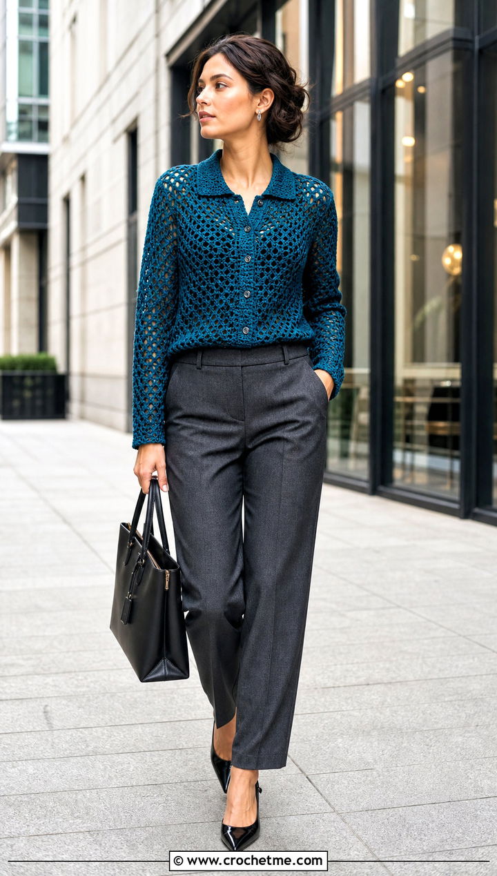 Collared Crochet Button Up Top With Tailored Trousers - 30 crochet button top outfit ideas