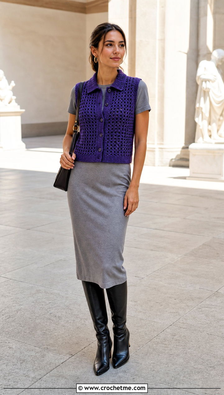 Collared Crochet Button Vest With Midi Dress - 35 crochet button vest outfit ideas