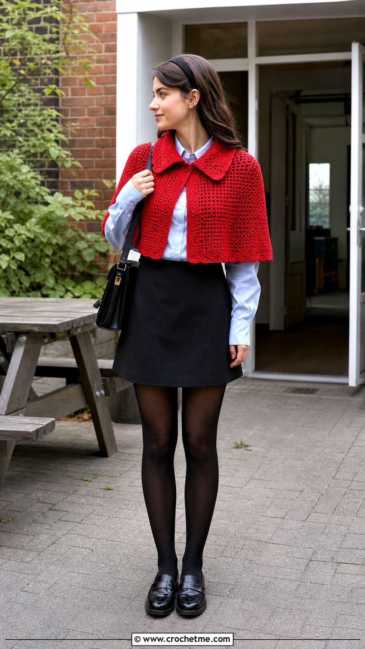 Collared Crochet Cape With A Shirt And Mini Skirt - 35 crochet cape outfit ideas