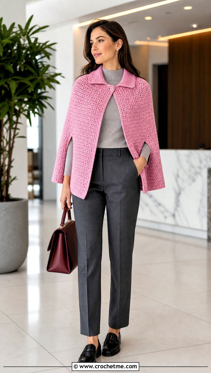 Collared Crochet Cape With Tailored Trousers - 15 diy crochet cape outfit ideas