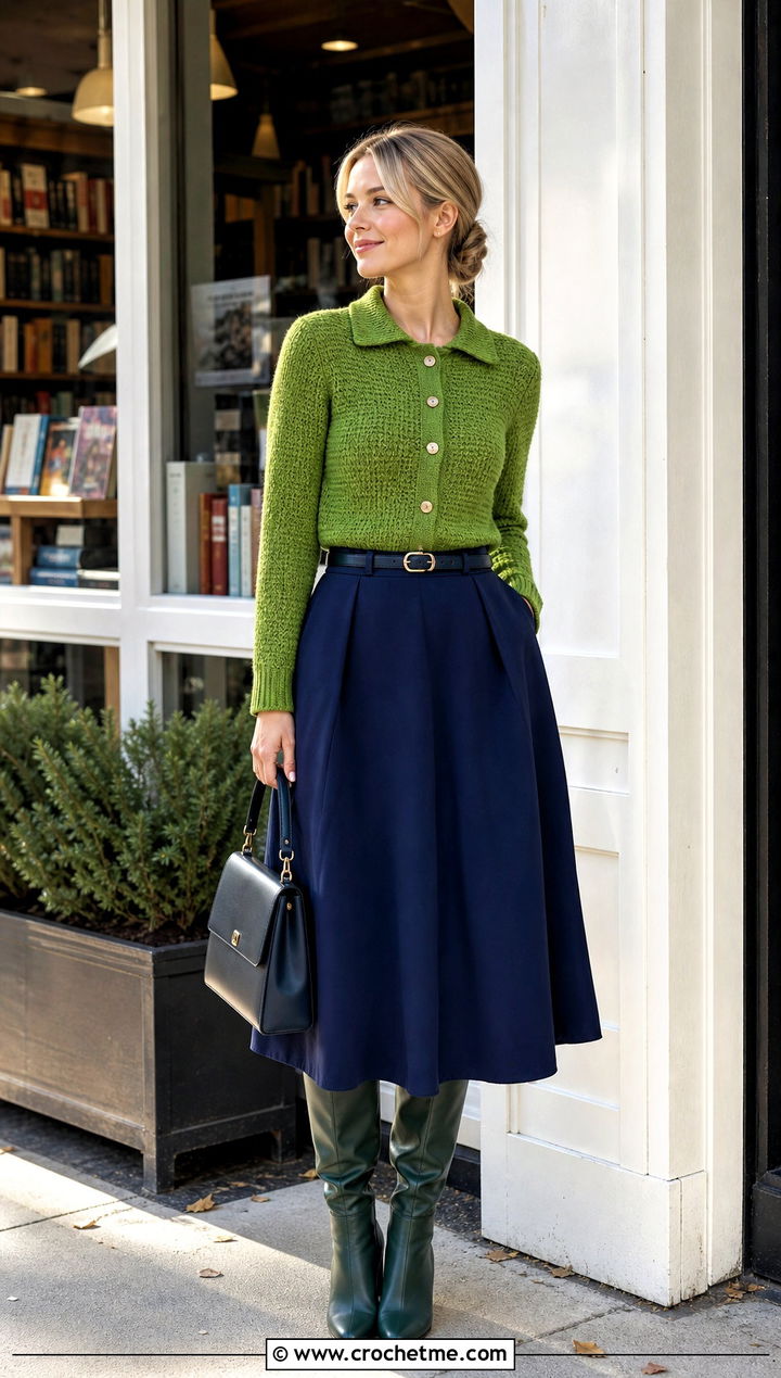 Collared Crochet Cardigan With A Line Skirt - 35 fall crochet cardigan outfit ideas