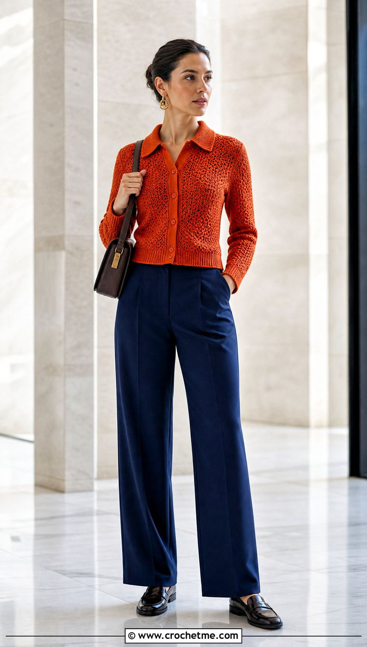 Collared Crochet Cardigan With A Line Trousers - 15 Crochet Cardigan Fall Fashion and outfit ideas
