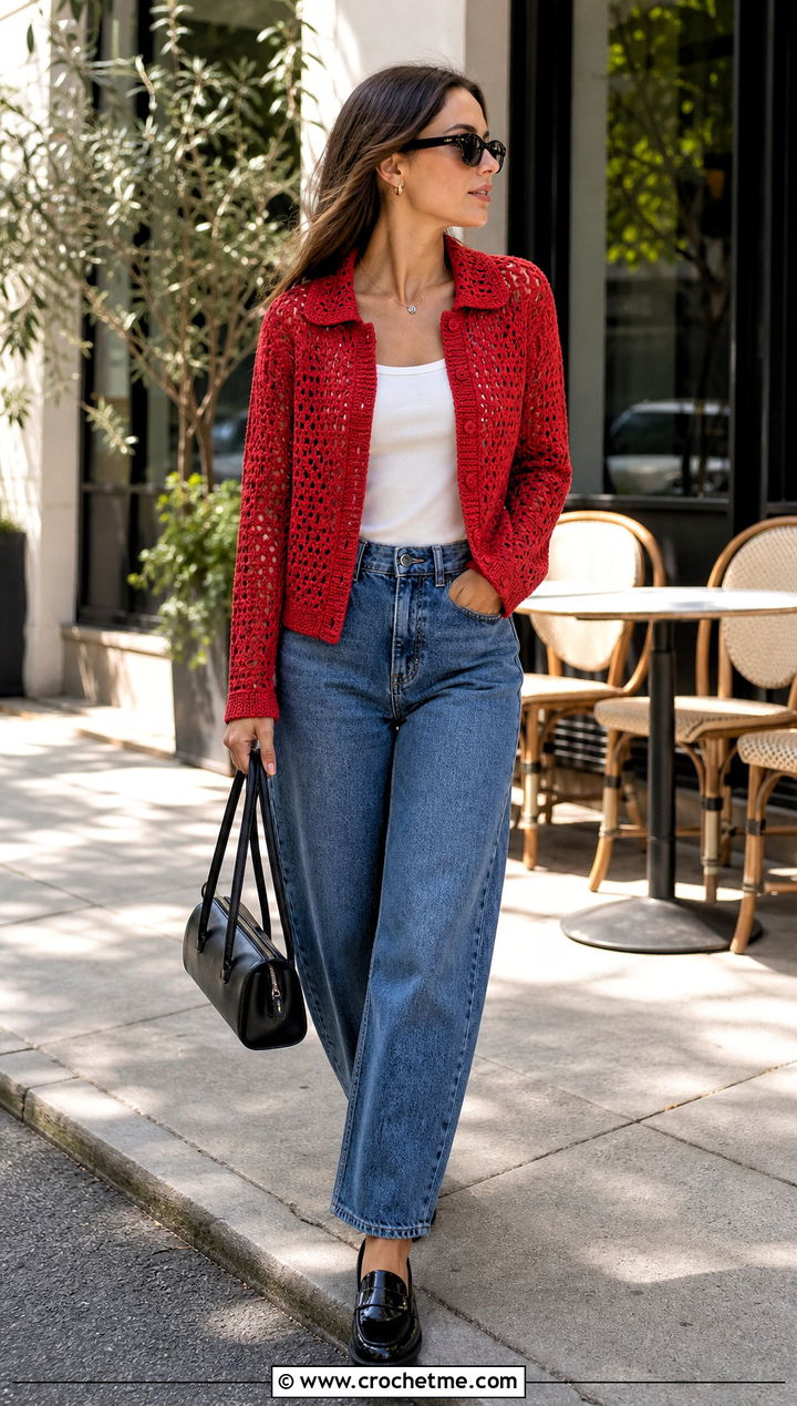 Collared Crochet Cardigan With Barrel Jeans - 30 crochet for cardigans outfit ideas