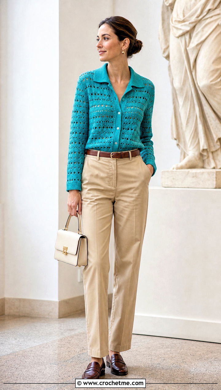 Collared Crochet Cardigan With Chinos And Loafers - 35 ladies crochet cardigan outfit ideas