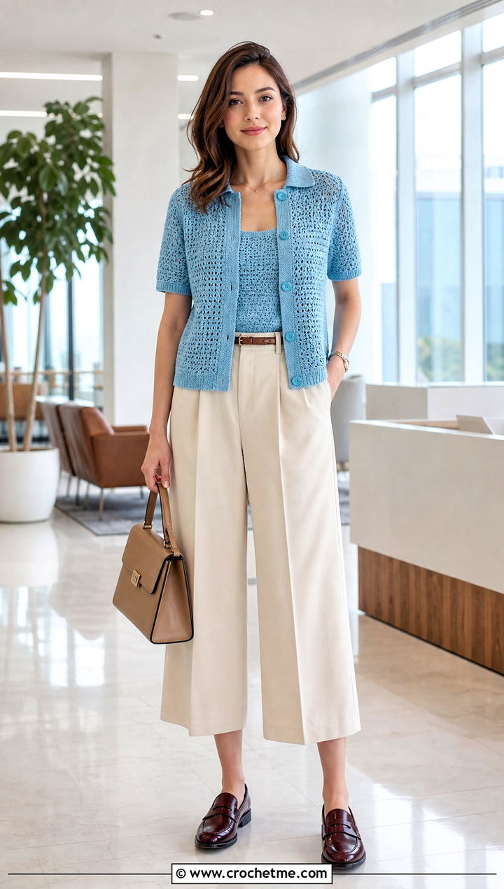 Collared Crochet Cardigan With Culottes - 20 Crochet Fancy Cardigan outfit ideas