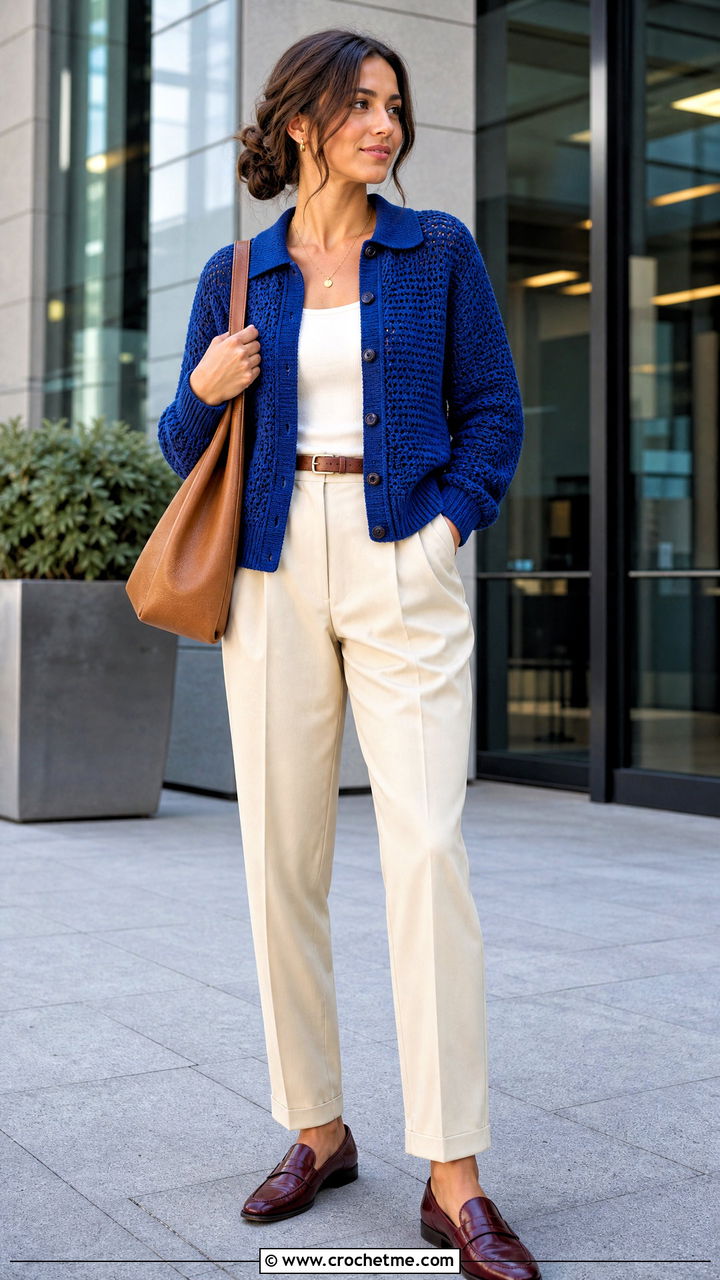 Collared Crochet Cardigan With Pleated Chinos - 35 easy crochet cardigan outfit ideas
