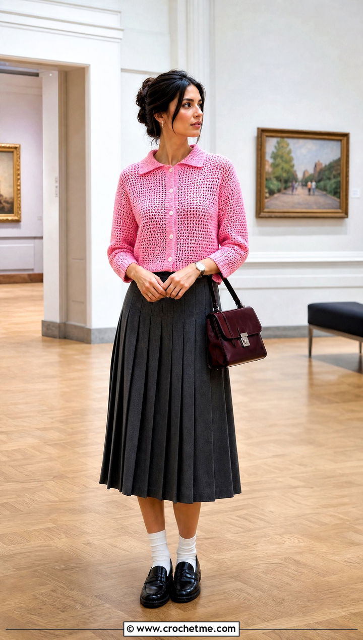 Collared Crochet Cardigan With Pleated Midi Skirt - 15 easiest crochet cardigan outfit ideas