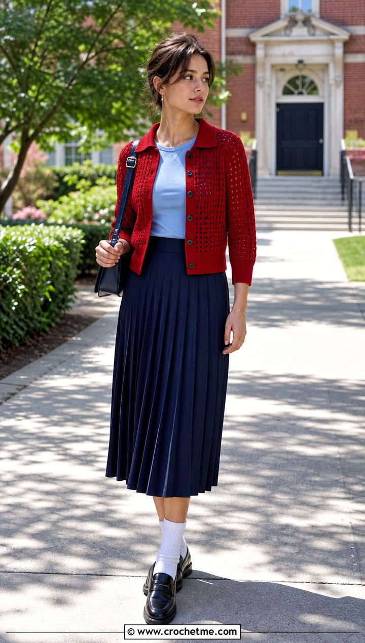 Collared Crochet Cardigan With Pleated Midi Skirt - 15 Easy Crocheted Cardigan outfit ideas