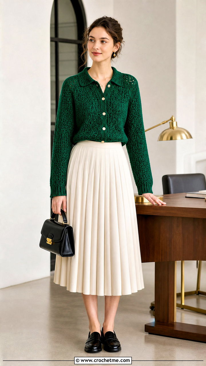 Collared Crochet Cardigan With Pleated Midi Skirt - 35 crochet cardigan ideas