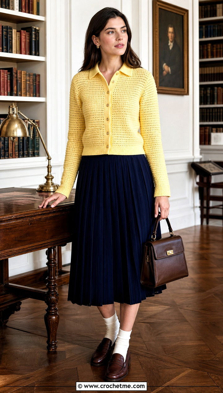 Collared Crochet Cardigan With Pleated Skirt - 15 Easy Crochet Cardigan Sweater outfit ideas