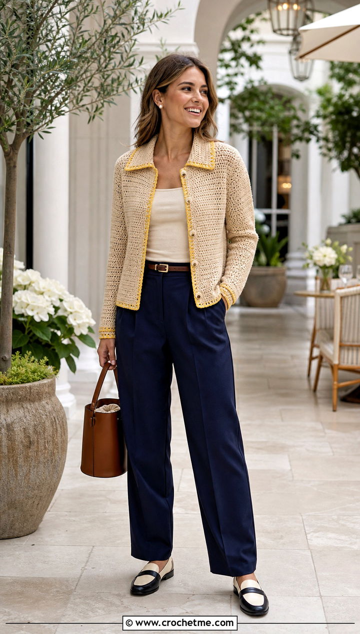Collared Crochet Cardigan With Pleated Trousers - 15 neutral tone crochet cardigan outfit ideas